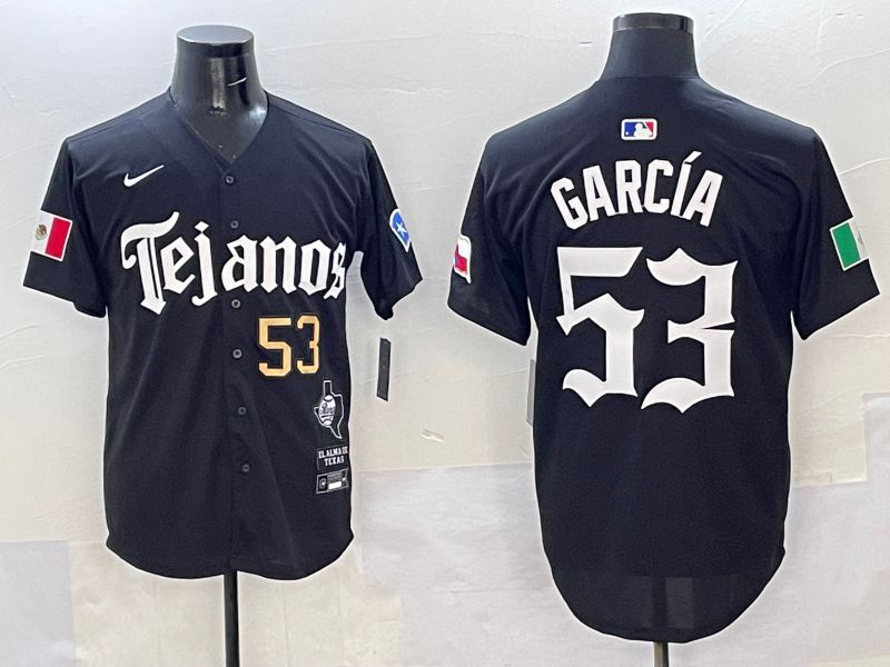 Men Texas Rangers #53 Garcia Black Five generations Joint Name 2025 Nike MLB Jersey style 3